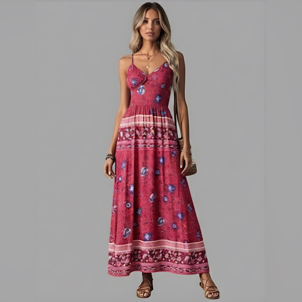 Boho Floral Print Shirred Dress Red - Picture 4 of 9